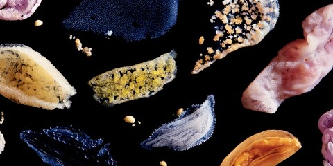 Macro of embroidered floral motifs with metallic beads on dark fabric