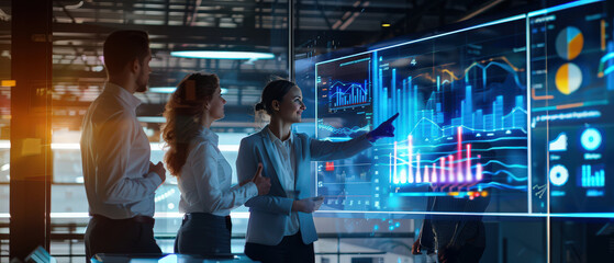 Modern business team analyzing data on a large digital screen with holographic charts and virtual interface. Concept of artificial intelligence, analytics, innovation, teamwork, cybersecurity,
