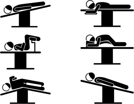 Six different medical patient positions on an operating table, illustrating various surgical and examination setups like supine, prone, Trendelenburg, and lithotomy.