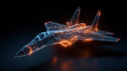A digital visualization of a jet fighter in a low-poly style, illuminated by neon lines against a dark background, representing futuristic technology