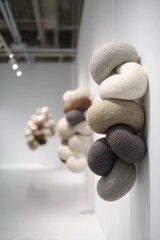 Multicolored wool felt balls in various sizes arranged in an abstract vertical structure on neutral background