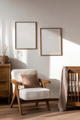 Modern beige nursery interior with wooden baby crib, soft white rug, fabric curtains and armchair