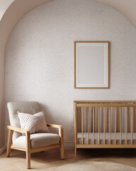 Modern beige nursery interior with wooden baby crib, soft white rug, fabric curtains and armchair