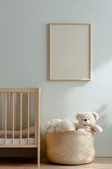 Modern beige nursery interior with wooden baby crib, soft white rug, fabric curtains and armchair