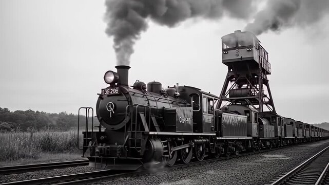 Vintage steam locomotive on a steel rail line in a black and white industrial scene.