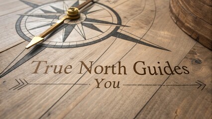 Close-up of a Compass Engraved on Wooden Surface
