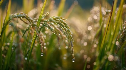 Obraz premium Dew-kissed rice plants glistening under morning sunlight in a lush green field showcasing nature's beauty and tranquility, perfect for agricultural themes