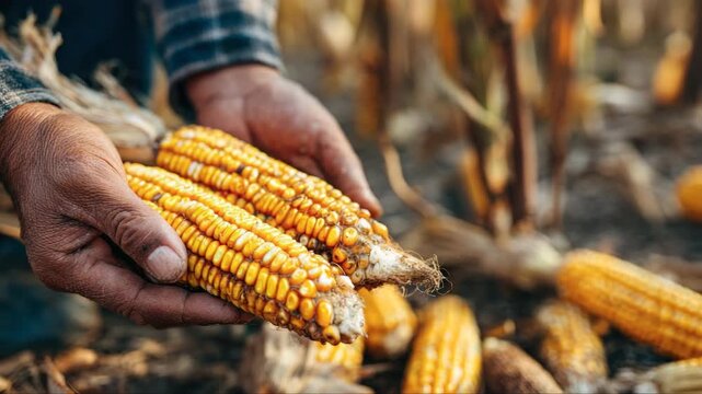 Hands of a farmer gently holding fresh corn cobs, showcasing vibrant yellow kernels, with a focus on agricultural harvest, camera zooms in for detail