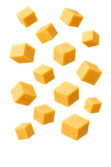 Floating cheese cubes isolated on transparent background
