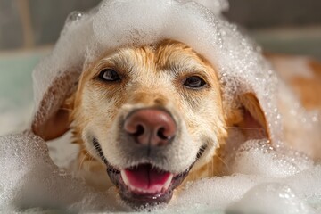 Smiling pet dog enjoying a bubbly wash