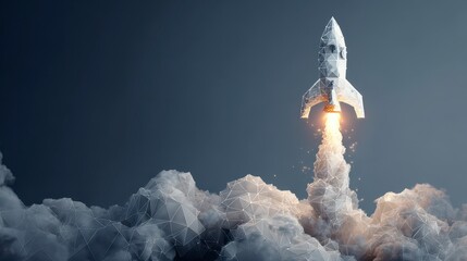 Low-poly rocket launches, emitting fire and smoke against a dark blue background. Abstract representation of space travel and flight