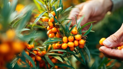 Hands gently plucking vibrant orange berries from lush green branches, showcasing the harvesting process, with a smooth camera pan capturing the action
