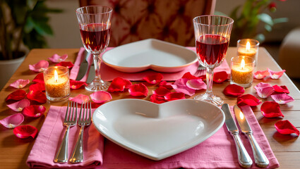 Fototapeta premium Romantic table setting for two with heart plates and rose petals.
