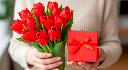 Fototapeta premium Woman holding a bouquet of vibrant red tulips and a surprise gift box.