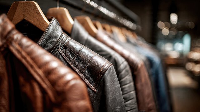 Leather jackets hanging on wooden hangers in warm boutique lighting
