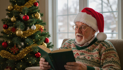 Elderly man reading Christmas story by decorated tree in winter  