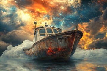 Rusty boat floats amidst cosmic clouds at sunset in a surreal landscape
