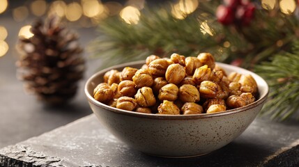 Roasted chickpeas served in ceramic bowl, warm neutral tones, cozy Christmas vibe