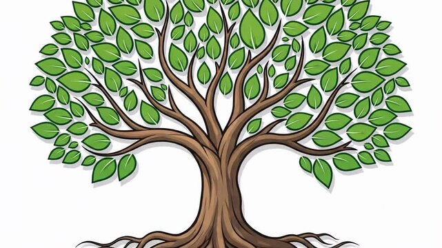 Cartoon style green leafy tree with exposed roots and lush canopy.