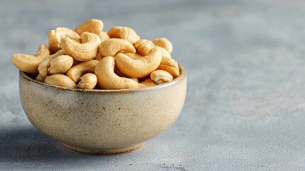 Fototapeta premium Simple snack bowl of salted cashews, muted beige backdrop, clean commercial look