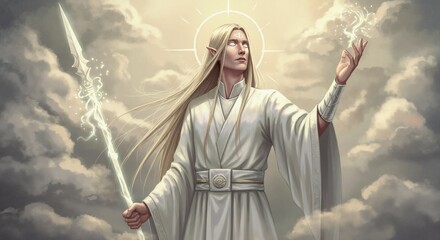 Divine fantasy elf with glowing eyes and magical spear. Powerful celestial being in white robes against cloudy sky. Fantasy character illustration for role-playing games
