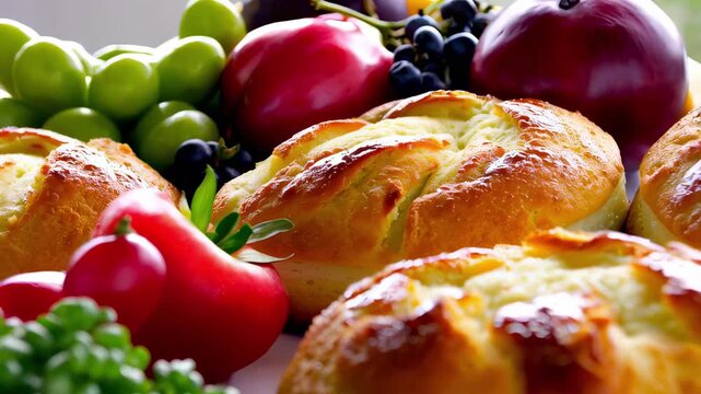 This delightful video features freshly baked bread surrounded by an array of vibrant fruits. The colorful display invites viewers to appreciate the beauty of nature's bounty and celebrate delicious fl