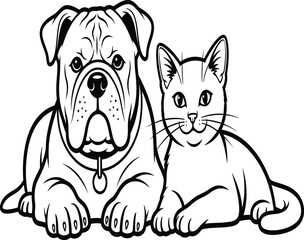 Fototapeta premium a charming black and white illustration depicting a friendly bulldog and a relaxed cat silhouette