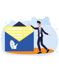 Obraz premium Professional businessman pointing at a large envelope for email marketing and digital communication concept.