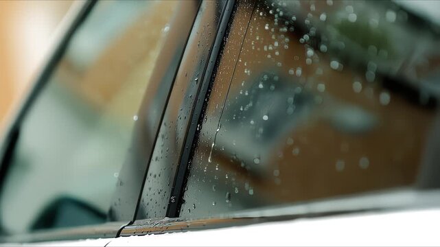 This calm video features raindrops gently sliding down a car window. The soothing sounds of rainfall create a peaceful ambiance, inviting viewers to pause and reflect on the beauty of nature in contra