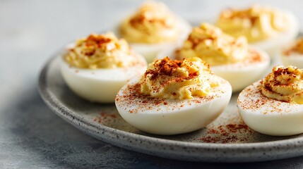 Small plate of deviled eggs with paprika dust, minimalist styling, pale stone surface