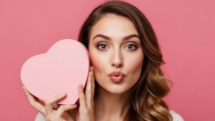 Attractive woman holding pink heart-shaped gift box and blowing kiss. Young beauty model posing for Valentine's Day on pink background with copy space