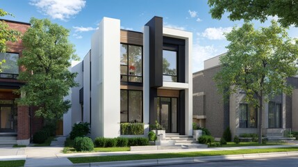 Modern minimalist residential house with large windows, green landscaping, and contemporary architecture in a suburban setting on a sunny day