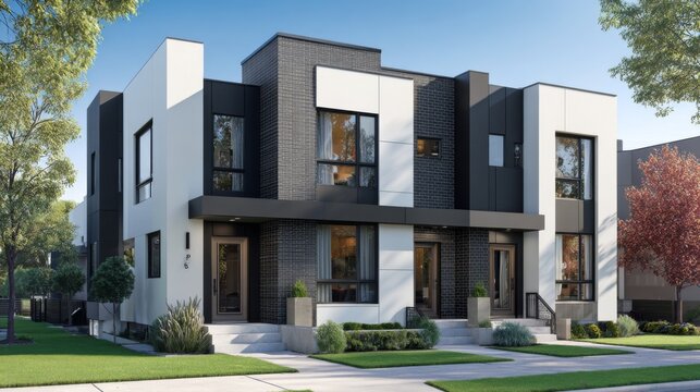 Modern duplex home with stylish architecture, featuring contrasting black and white exterior, large windows, and manicured landscaping in sunny neighborhood