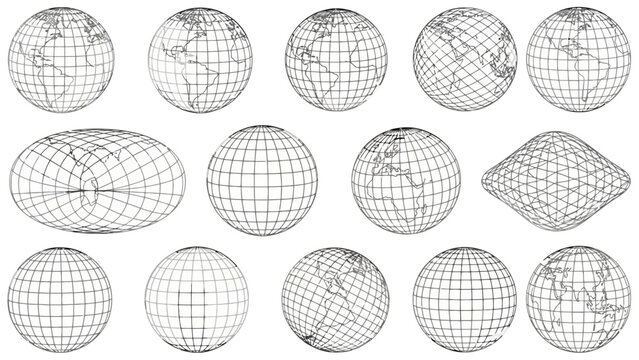Set of 15 Globe Grid Vector Illustrations in Different Projections