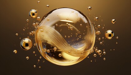 gold water liquid bubble drops transparent sphere ball moisture serum molecules cells water splash 3d render cosmetic and luxury product