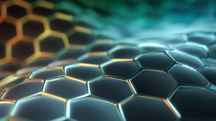 A futuristic hexagonal surface made of nanomaterial with glowing edges, abstract technology, and cutting-edge scientific developments