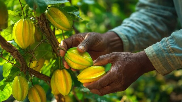 Hands of an agricultural worker gently selecting ripe starfruit from a lush green tree, showcasing the harvesting process with a smooth camera pan and focus on vibrant colors