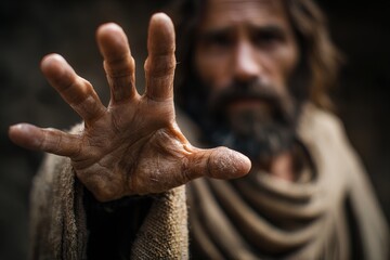 Person in biblical clothing extending hand toward camera on dark background