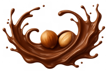 Chocolate splashing with hazelnuts. Sweet liquid dessert ingredient with drops and swirls preparing for a delicious snack