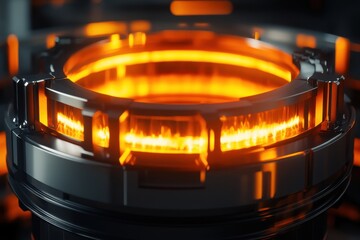 High-tech energy core glowing with orange heat in a futuristic setting