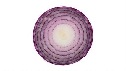 Top view of a freshly cut purple red onion cross section showing concentric rings, isolated on white background