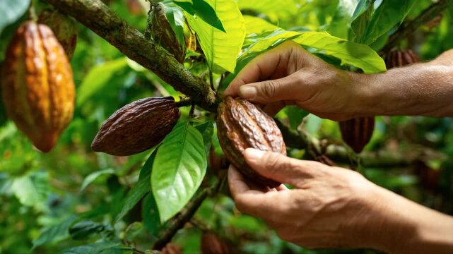 Hands of a farmer gently harvesting ripe cacao pods from a lush tree, showcasing the intricate details of the pods and vibrant green leaves, camera zooms in for a closer view