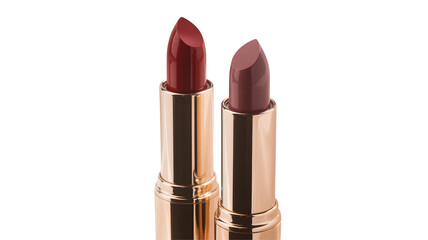 Elegant close up featuring two lipstick tubes with rich red and mauve shades against a clean white backdrop, ideal for cosmetic product displays