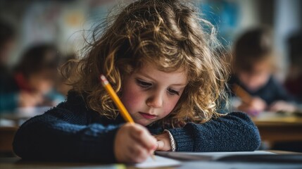 Focused Schoolgirl Writing in Classroom Lesson