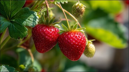 Close-up of vibrant red, ripe fruits and green leaves on a plant, with a shallow depth of field. Natural, organic, and delicious