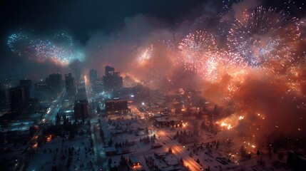 Fireworks over a Snowy Cityscape