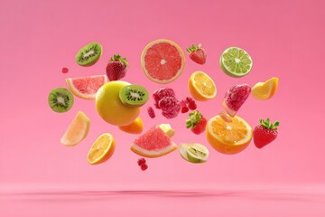 Fresh fruit mix falling in air