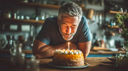 A middle-aged man blows out the candles on a homemade cake in a cozy kitchen, an intimate celebration and a personal milestone