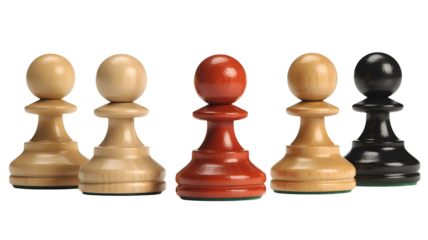 Diversity in strategy, wooden chess pawns against white backdrop showing game play, set, contrast, and competition