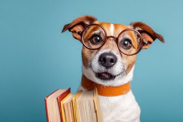 Smart smiling dog wearing glasses with books